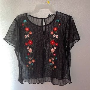 Forever 21 sheer mesh floral embroidery top